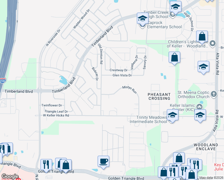 map of restaurants, bars, coffee shops, grocery stores, and more near 2924 Mistys Run in Fort Worth