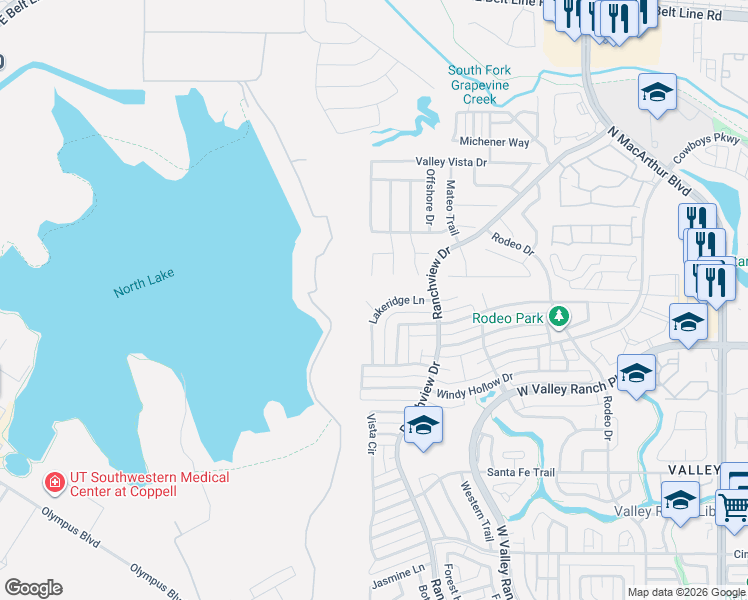 map of restaurants, bars, coffee shops, grocery stores, and more near 9904 Lakeridge Court in Irving