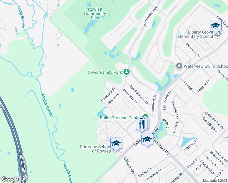 map of restaurants, bars, coffee shops, grocery stores, and more near 6420 Trezevant Street in Rowlett