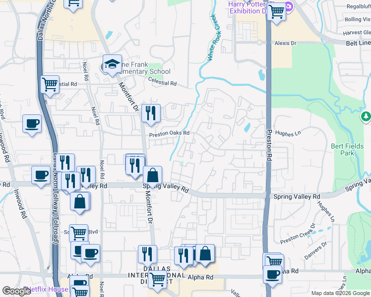 map of restaurants, bars, coffee shops, grocery stores, and more near 5626 Preston Oaks Road in Dallas