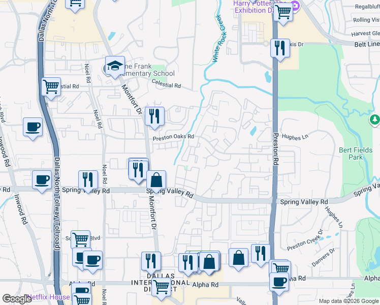 map of restaurants, bars, coffee shops, grocery stores, and more near 5800 Preston Oaks Road in Dallas