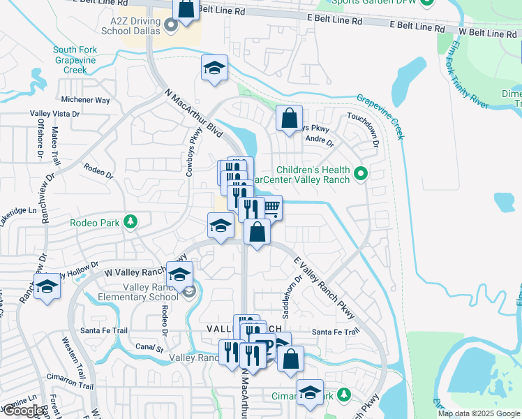 map of restaurants, bars, coffee shops, grocery stores, and more near 10030 N MacArthur Blvd in Irving