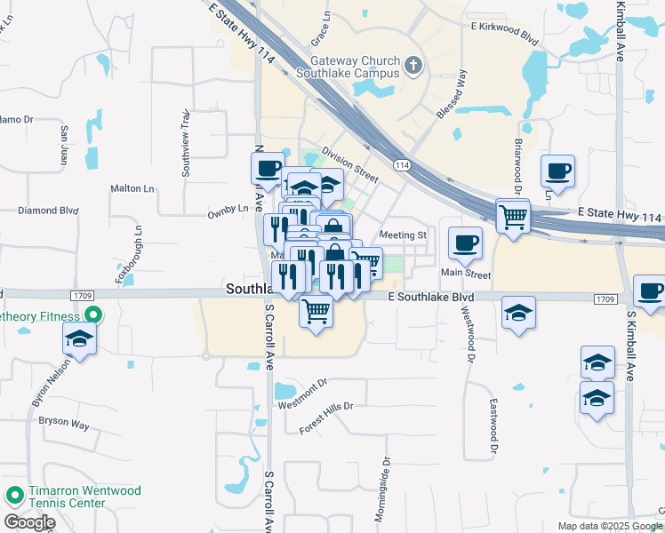 map of restaurants, bars, coffee shops, grocery stores, and more near 238 Grand Avenue in Southlake