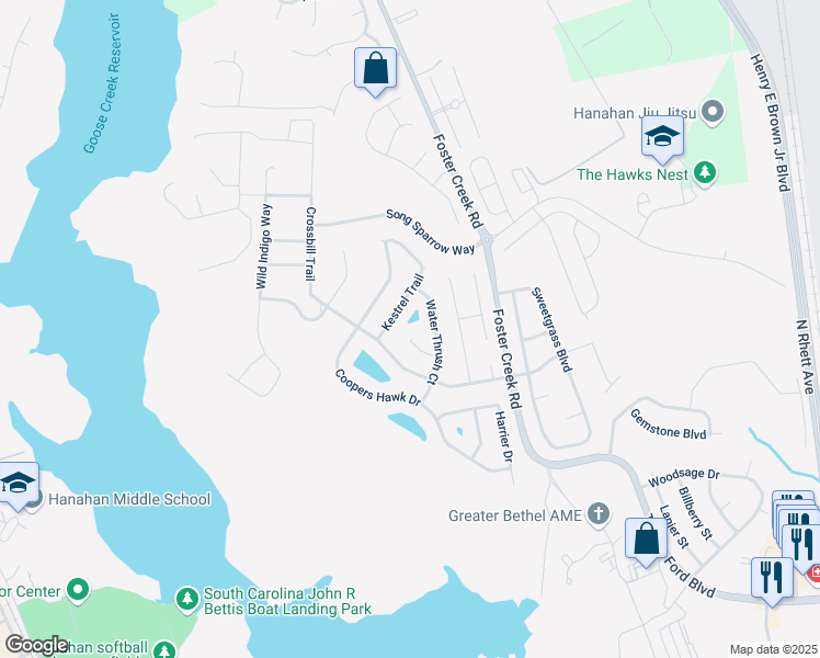 map of restaurants, bars, coffee shops, grocery stores, and more near 1444 Crossbill Trail in Hanahan