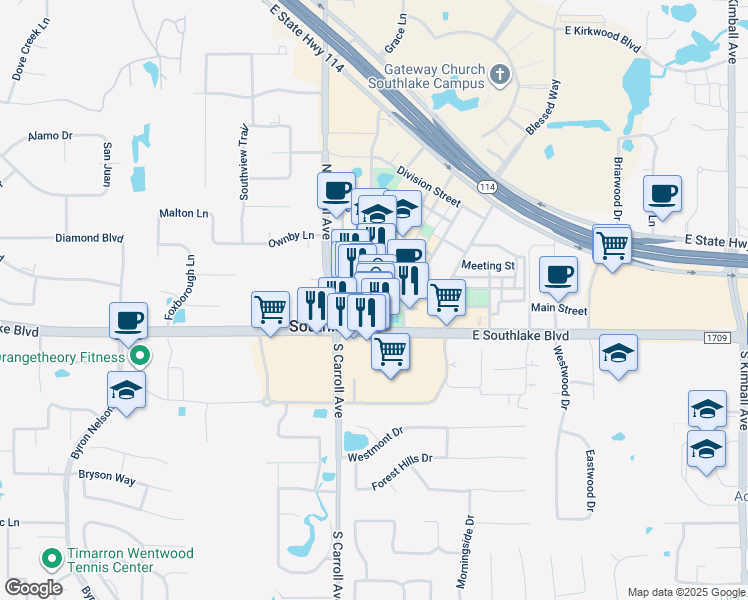 map of restaurants, bars, coffee shops, grocery stores, and more near 140 State Street in Southlake