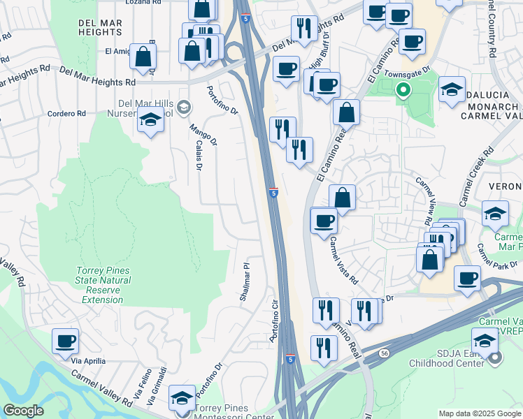 map of restaurants, bars, coffee shops, grocery stores, and more near 13349 Portofino Drive in Del Mar