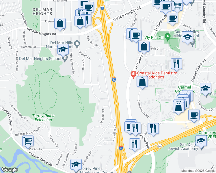 map of restaurants, bars, coffee shops, grocery stores, and more near 13349 Portofino Drive in Del Mar