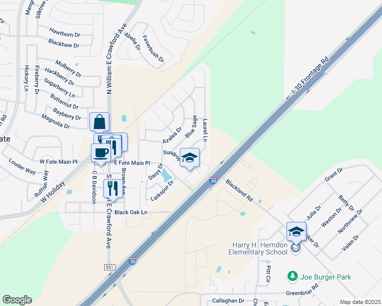 map of restaurants, bars, coffee shops, grocery stores, and more near 516 Indian Paintbrush Drive in Rockwall