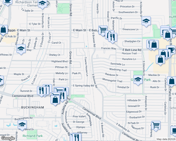 map of restaurants, bars, coffee shops, grocery stores, and more near 520 Towne House Lane in Richardson