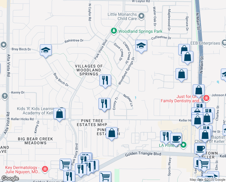 map of restaurants, bars, coffee shops, grocery stores, and more near 11740 Latania Lane in Fort Worth