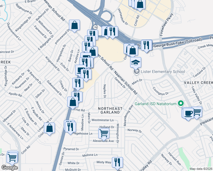 map of restaurants, bars, coffee shops, grocery stores, and more near 2817 Naples Drive in Garland