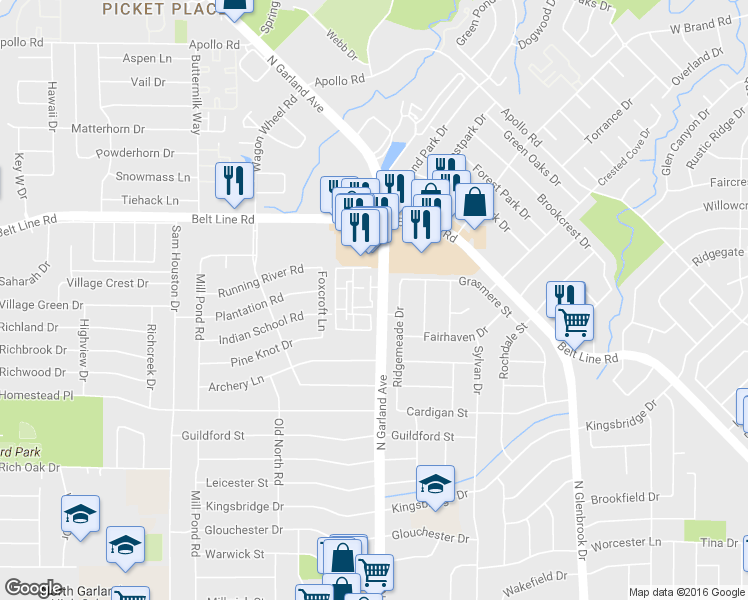 map of restaurants, bars, coffee shops, grocery stores, and more near 2621 Ridgemeade Drive in Garland