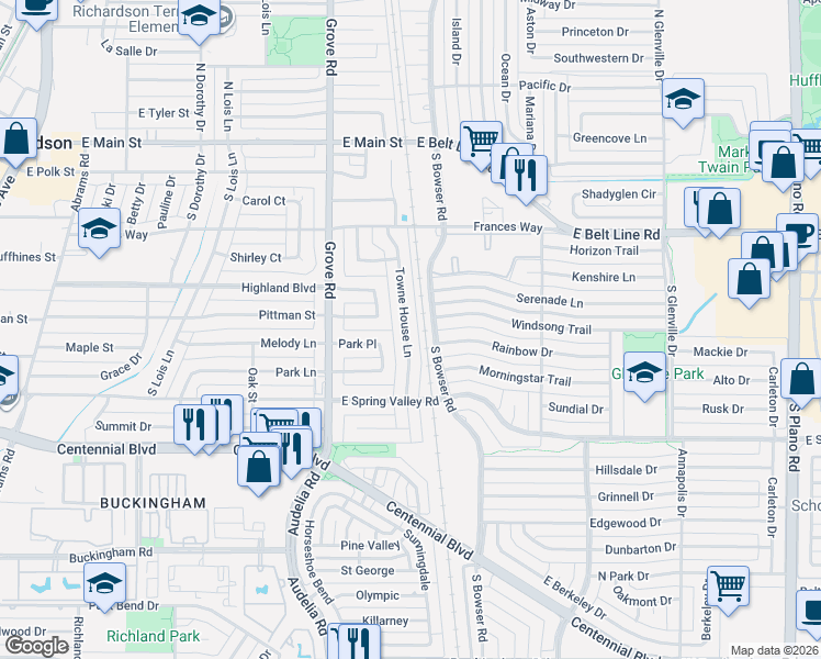 map of restaurants, bars, coffee shops, grocery stores, and more near 520 Towne House Lane in Richardson
