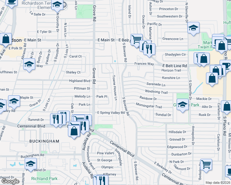 map of restaurants, bars, coffee shops, grocery stores, and more near 520 Towne House Lane in Richardson