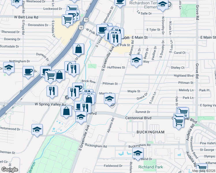 map of restaurants, bars, coffee shops, grocery stores, and more near 313 Maple Street in Richardson