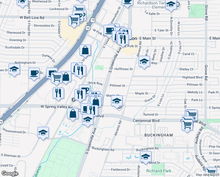 map of restaurants, bars, coffee shops, grocery stores, and more near 313 Maple Street in Richardson