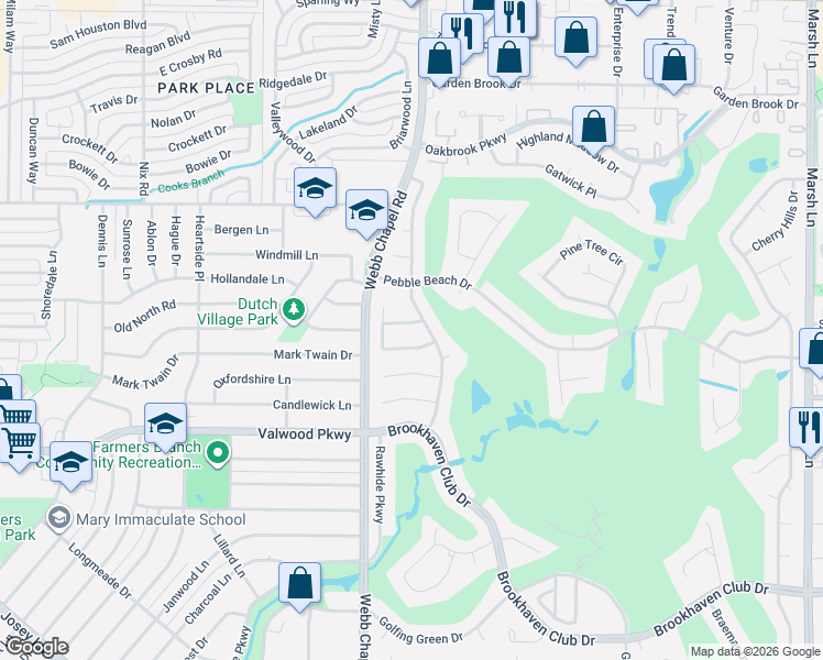 map of restaurants, bars, coffee shops, grocery stores, and more near 3166 Whitemarsh Circle in Farmers Branch