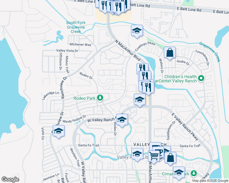 map of restaurants, bars, coffee shops, grocery stores, and more near 733 Cowboys Parkway in Irving