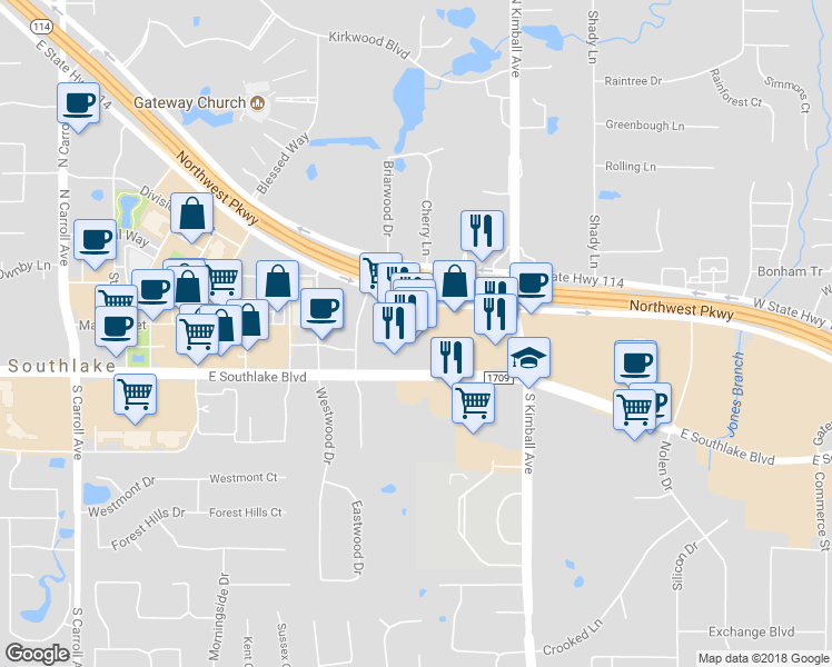 map of restaurants, bars, coffee shops, grocery stores, and more near Texas 114 Frontage Road in Westlake