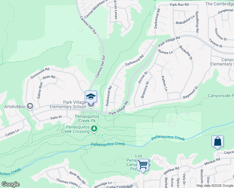 map of restaurants, bars, coffee shops, grocery stores, and more near 12335 Crisscross Lane in San Diego