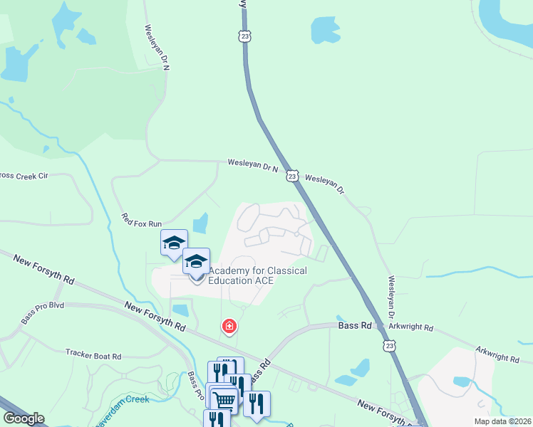 map of restaurants, bars, coffee shops, grocery stores, and more near 2434 Wesleyan Drive North in Macon
