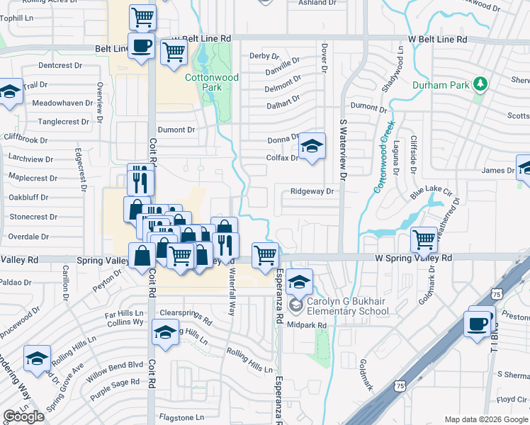 map of restaurants, bars, coffee shops, grocery stores, and more near 843 Dublin Drive in Richardson