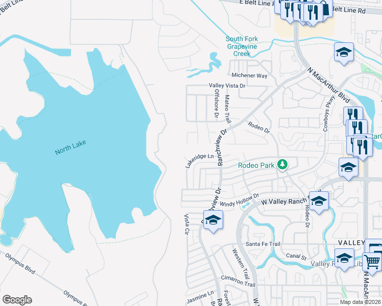map of restaurants, bars, coffee shops, grocery stores, and more near 10011 Bluewater Terrace in Irving