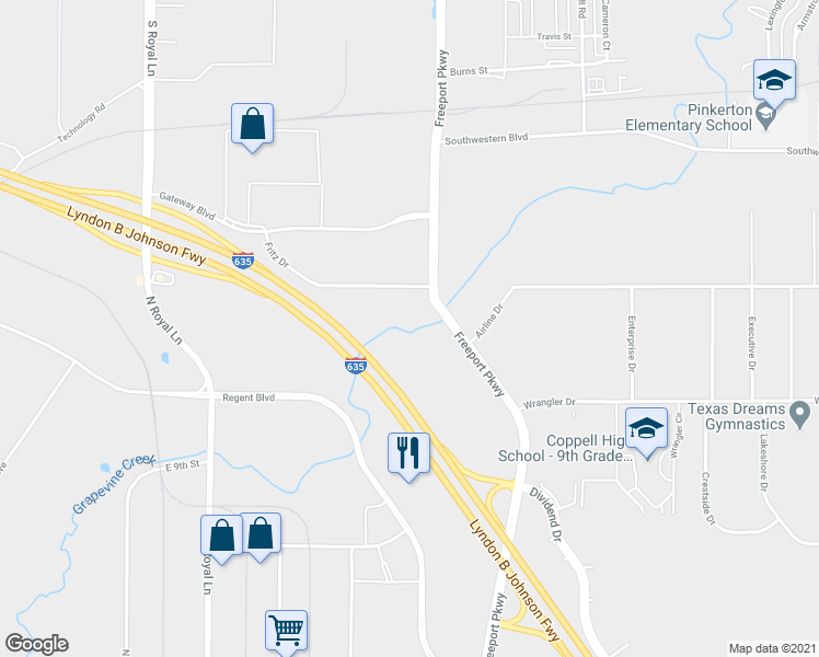 map of restaurants, bars, coffee shops, grocery stores, and more near 9501 Lyndon B Johnson Freeway in Coppell