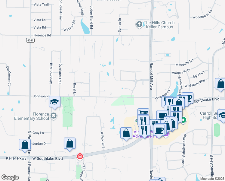 map of restaurants, bars, coffee shops, grocery stores, and more near 2425 Top Rail Lane in Southlake