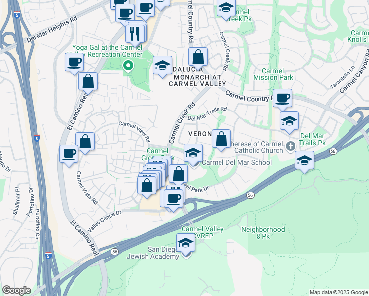 map of restaurants, bars, coffee shops, grocery stores, and more near 3961 Carmel Brooks Way in San Diego