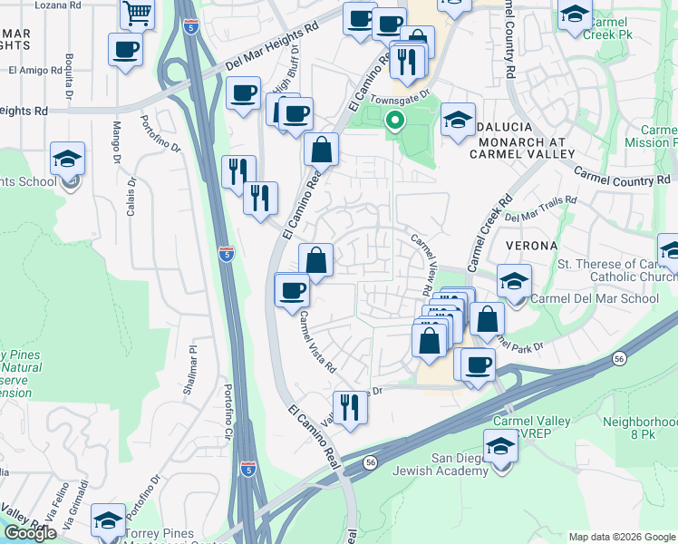 map of restaurants, bars, coffee shops, grocery stores, and more near 3693 Ruette De Ville in San Diego