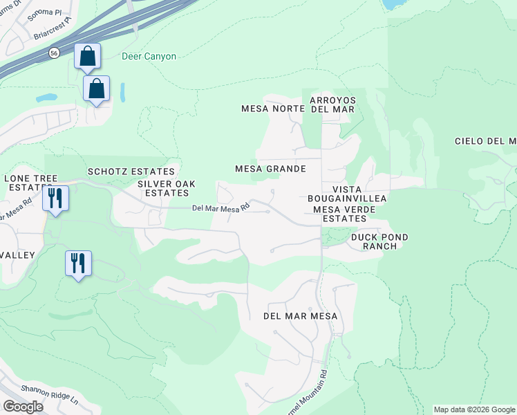map of restaurants, bars, coffee shops, grocery stores, and more near 6370 Carmel View South Street in San Diego
