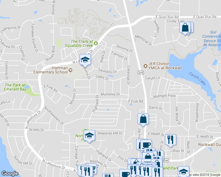 map of restaurants, bars, coffee shops, grocery stores, and more near 1269 Antioch Drive in Rockwall