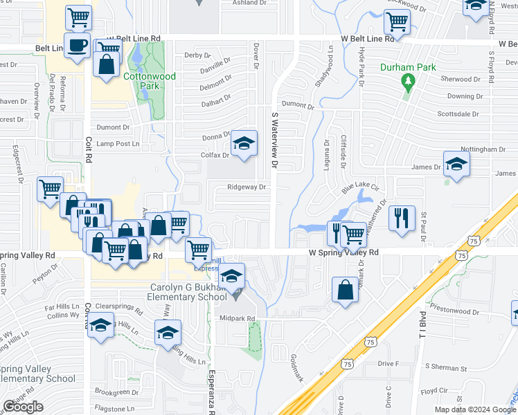 map of restaurants, bars, coffee shops, grocery stores, and more near 1212 Dearborn Drive in Richardson