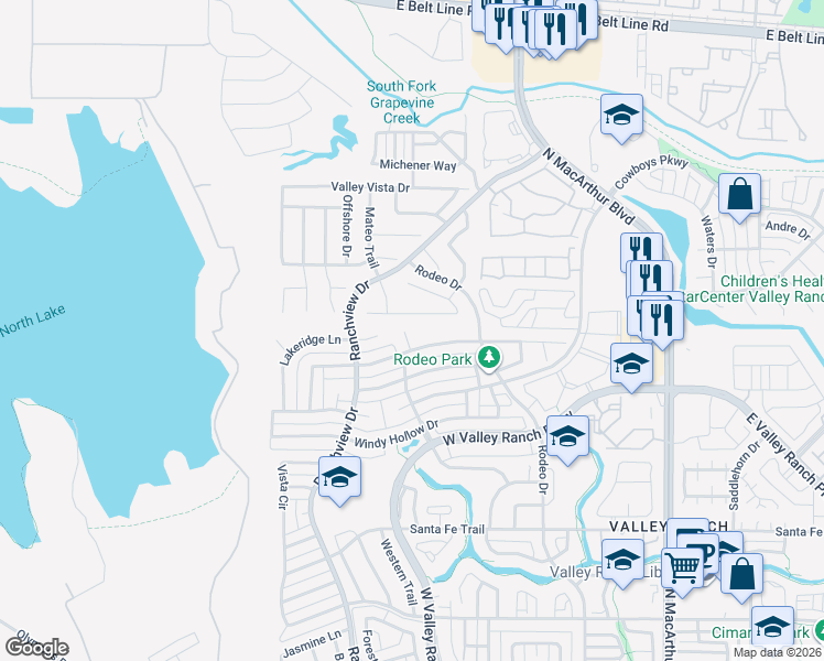 map of restaurants, bars, coffee shops, grocery stores, and more near 1119 Backbay Drive in Irving