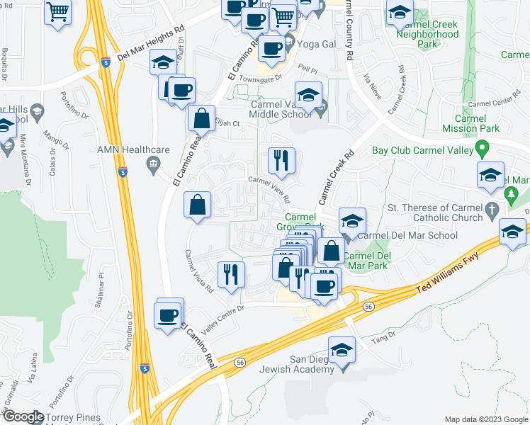map of restaurants, bars, coffee shops, grocery stores, and more near 12448 Caminito Mira Del Mar in San Diego