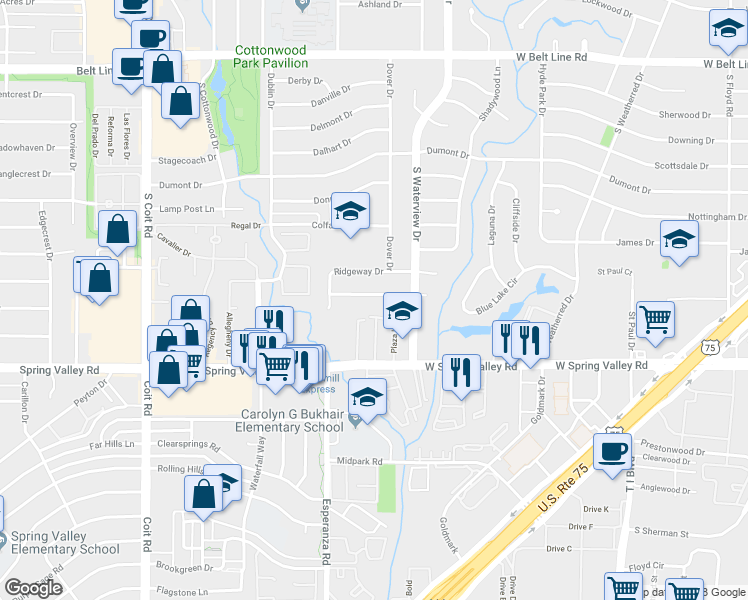 map of restaurants, bars, coffee shops, grocery stores, and more near 1213 Ridgeway Drive in Richardson