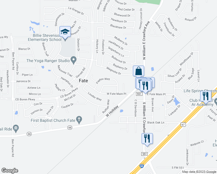 map of restaurants, bars, coffee shops, grocery stores, and more near 662 Sharpley Drive in Rockwall