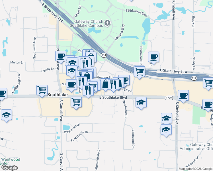 map of restaurants, bars, coffee shops, grocery stores, and more near 208 North Park Boulevard in Grapevine
