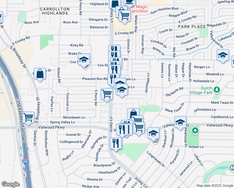 map of restaurants, bars, coffee shops, grocery stores, and more near 2720 Hollandale Lane in Farmers Branch