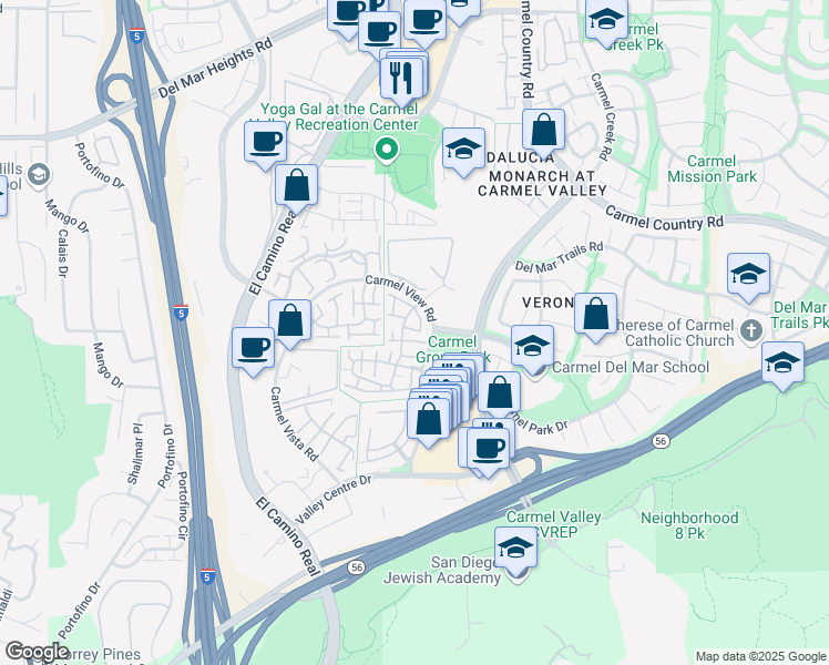 map of restaurants, bars, coffee shops, grocery stores, and more near 12561 Caminito Mira Del Mar in San Diego