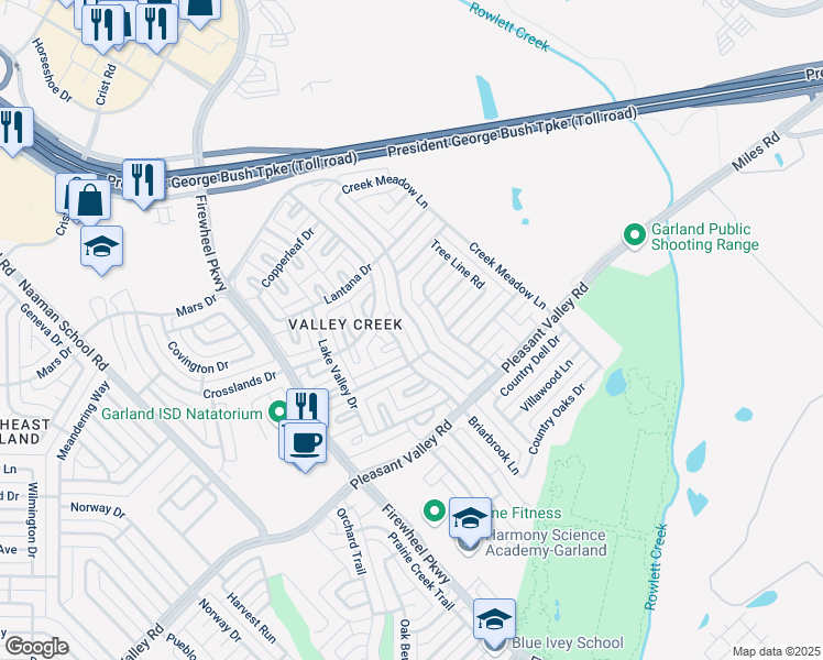 map of restaurants, bars, coffee shops, grocery stores, and more near 2809 Pecan Meadow Drive in Garland