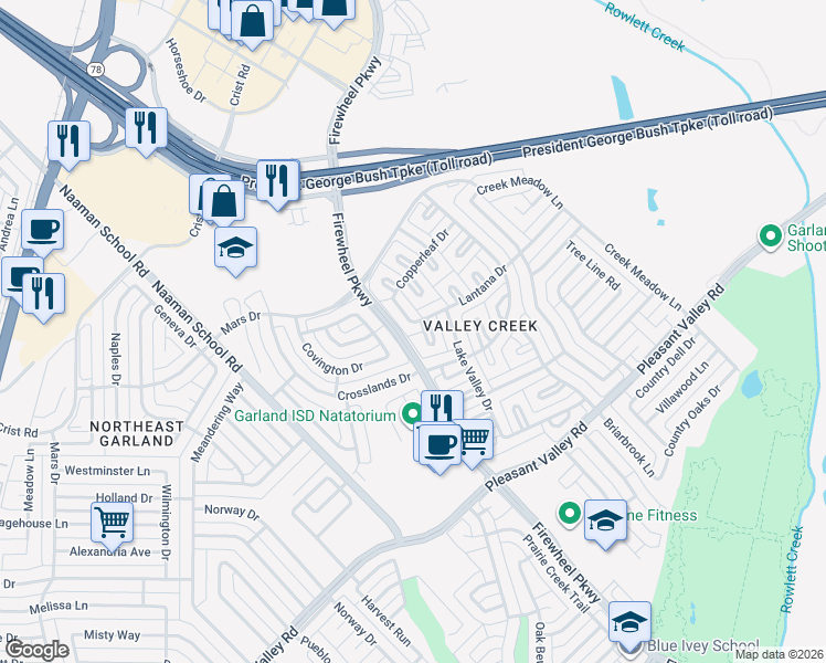 map of restaurants, bars, coffee shops, grocery stores, and more near 1813 Lantana Drive in Garland