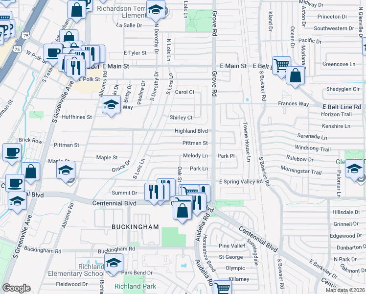 map of restaurants, bars, coffee shops, grocery stores, and more near 521 Pittman Street in Richardson