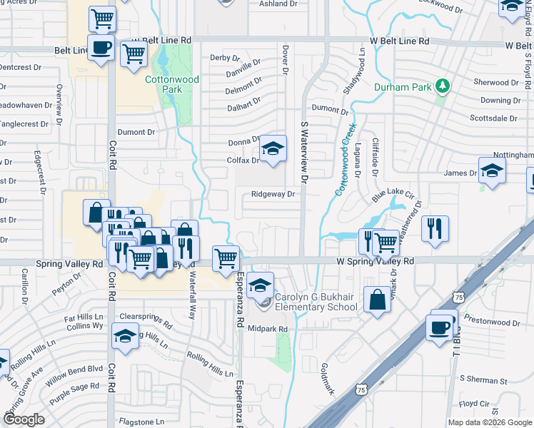 map of restaurants, bars, coffee shops, grocery stores, and more near 1212 Dearborn Drive in Richardson