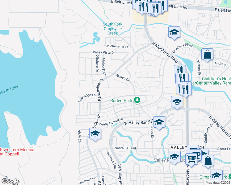 map of restaurants, bars, coffee shops, grocery stores, and more near 1119 Backbay Drive in Irving