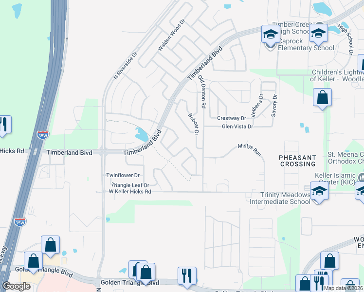 map of restaurants, bars, coffee shops, grocery stores, and more near 2800 Stable Door Lane in Fort Worth