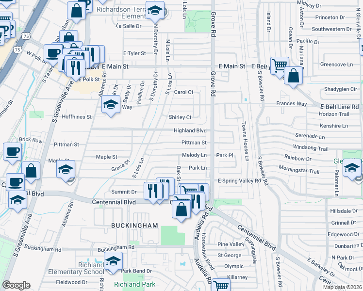 map of restaurants, bars, coffee shops, grocery stores, and more near 521 Pittman Street in Richardson