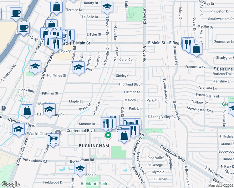 map of restaurants, bars, coffee shops, grocery stores, and more near 521 Pittman Street in Richardson