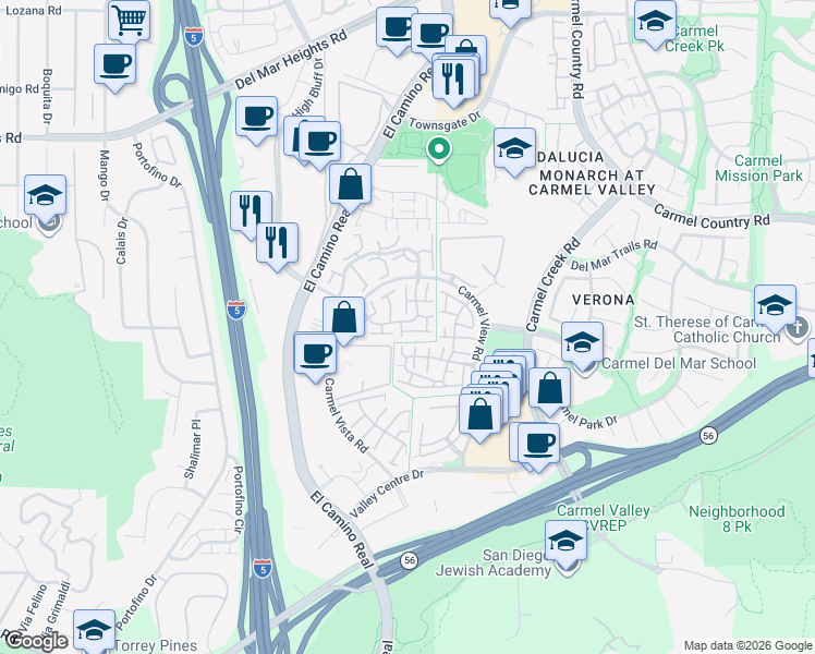 map of restaurants, bars, coffee shops, grocery stores, and more near 3781 Ruette De Ville in San Diego